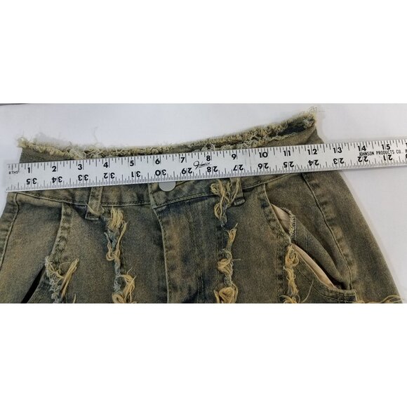 Y2K Denim Jacket & Pants Set Size M Distressed Olive Green Raw Edges Cropped Jac - Picture 16 of 16